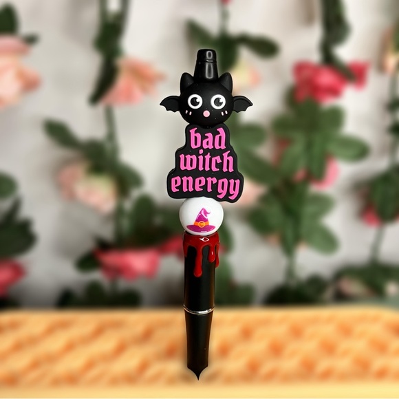 Hand Crafted Other - Bad Witch Energy Kawaii Bat Handmade Beaded Pen Halloween Emo Goth
